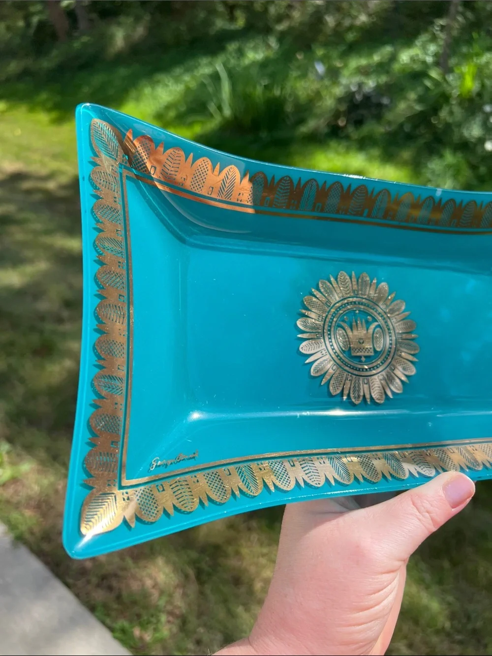 Vintage MCM George Briard Blue Teal Gold Glass Tray Hawaiian Crown Regalia